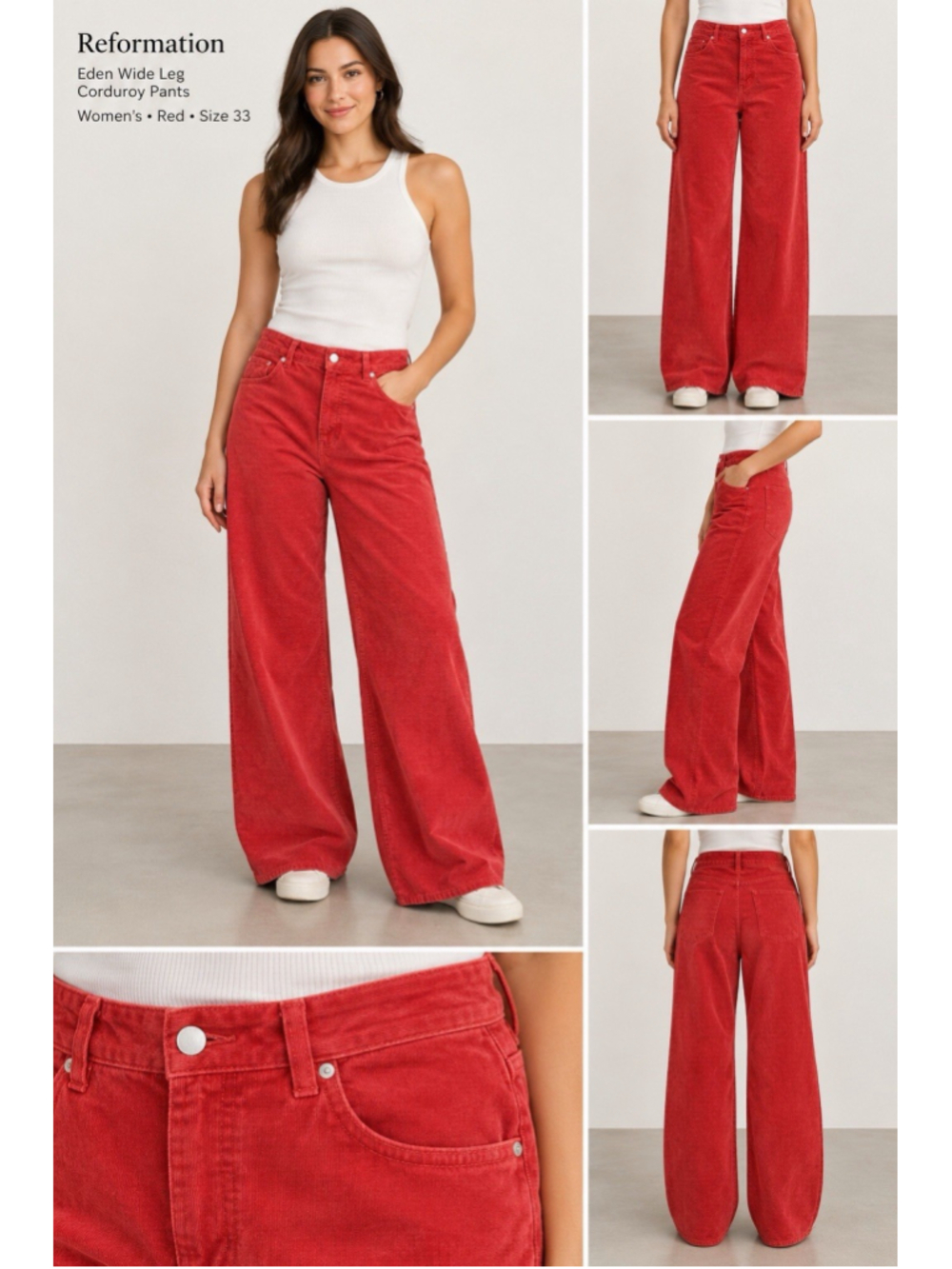 Reformation Eden Wide Leg Corduroy Pants Women’s Red size 33 NEW